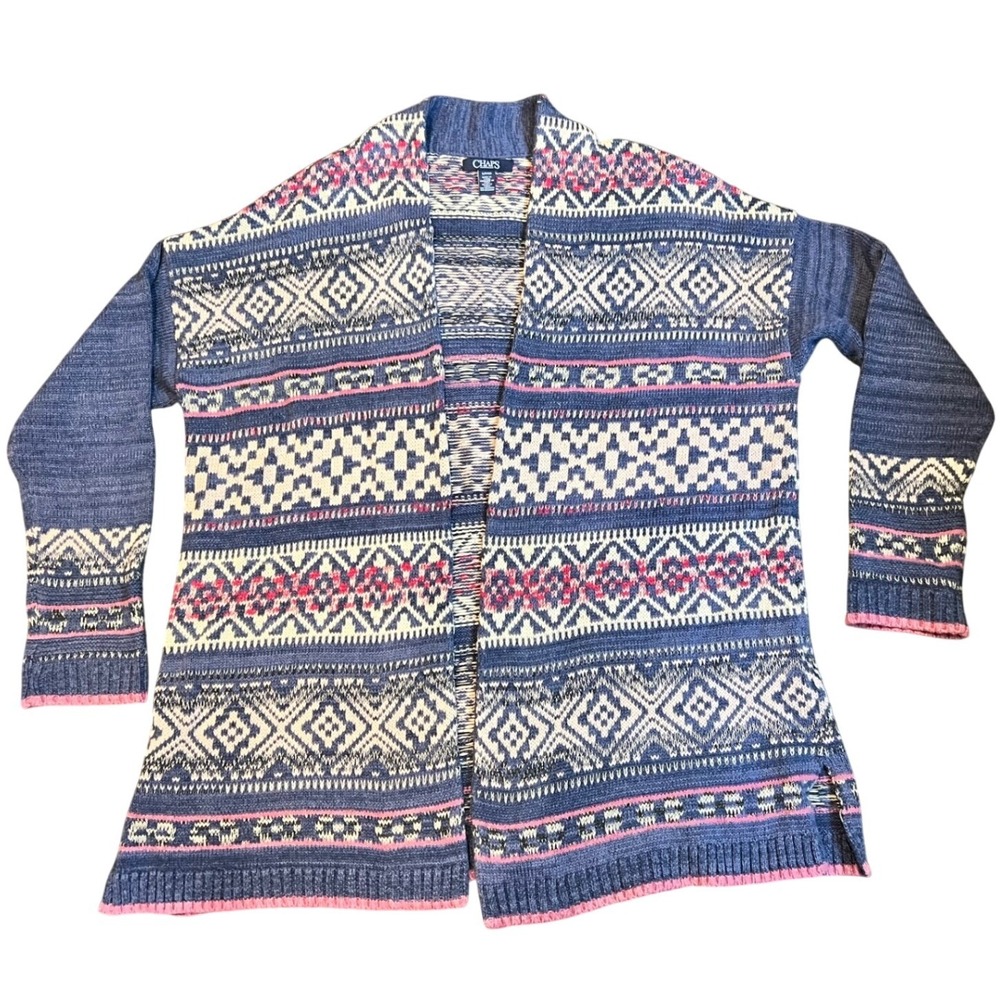 Chaps Womens Blue Pink Fair Isle Open Front Cardigan Sweater Small Cotton Blend